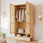 Soweiz Armario con barra, armario de 2 puertas, dormitorio, red de ratán, sala de estar, con solapa inferior, tablero de partículas + ratán de polietileno, natural