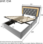 Cama tapizada individual 90x200cm con cabecero LED, estación de carga USB y tipo C, canapé hidráulico con espacio de almacenamiento, cama juvenil moderna con somier, terciopelo (gris, 90x2 00cm)