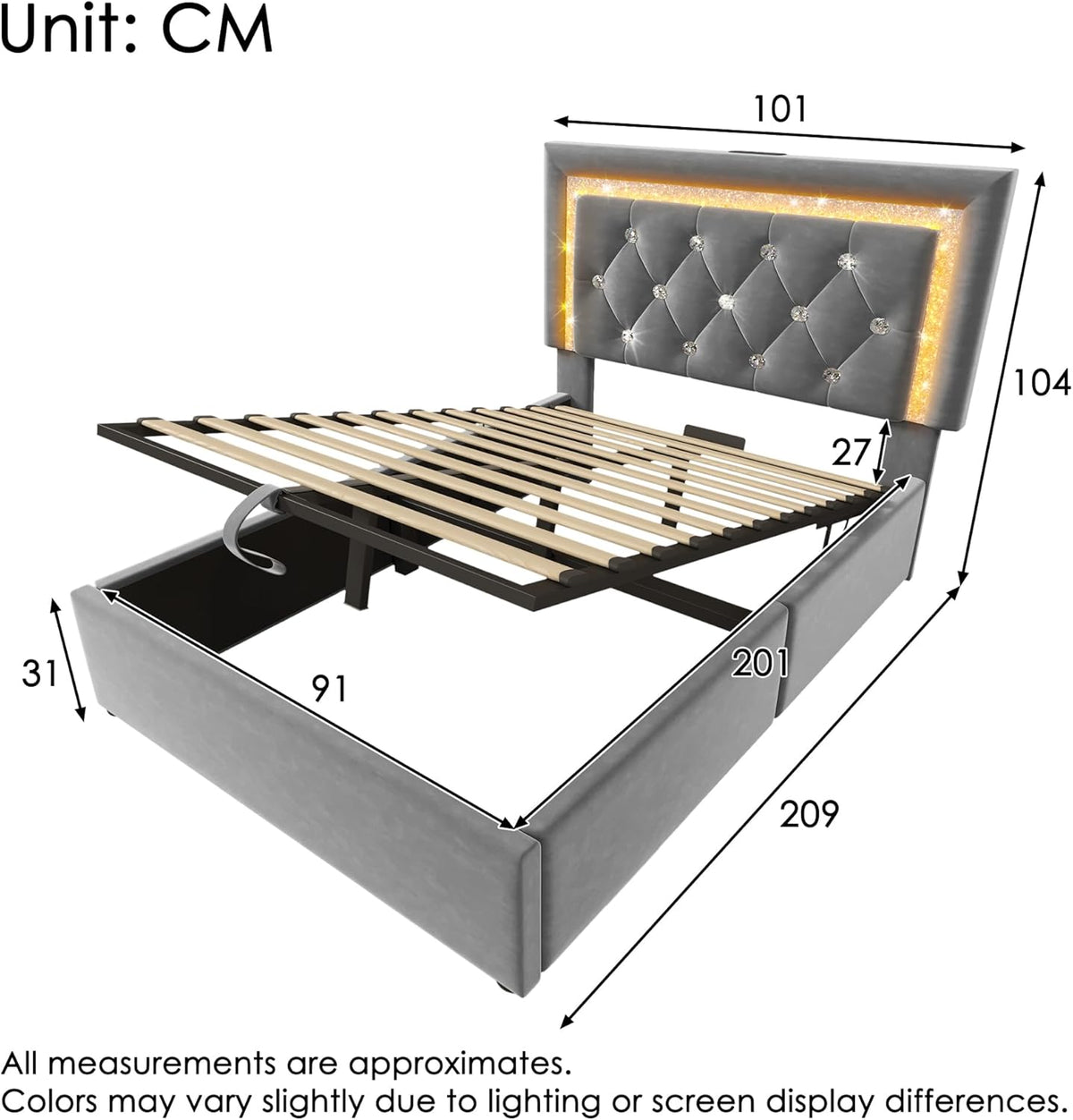 Cama tapizada individual 90x200cm con cabecero LED, estación de carga USB y tipo C, canapé hidráulico con espacio de almacenamiento, cama juvenil moderna con somier, terciopelo (gris, 90x2 00cm)