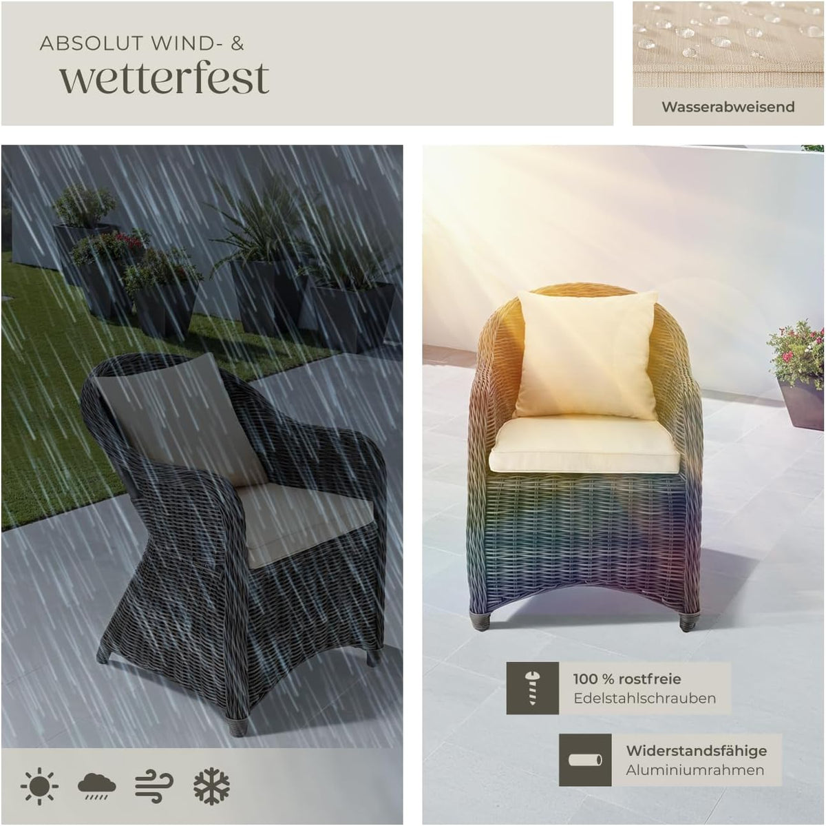 tectake® Alu Polyrattan Gartenstuhl 2er Set, Gartenmöbel Set mit 2 Sessel, wetterfest, Rattan Gartensessel mit weichen Sitzpolster, abziehbarer und waschbarer Bezug, stabil und bodenschonend - grau