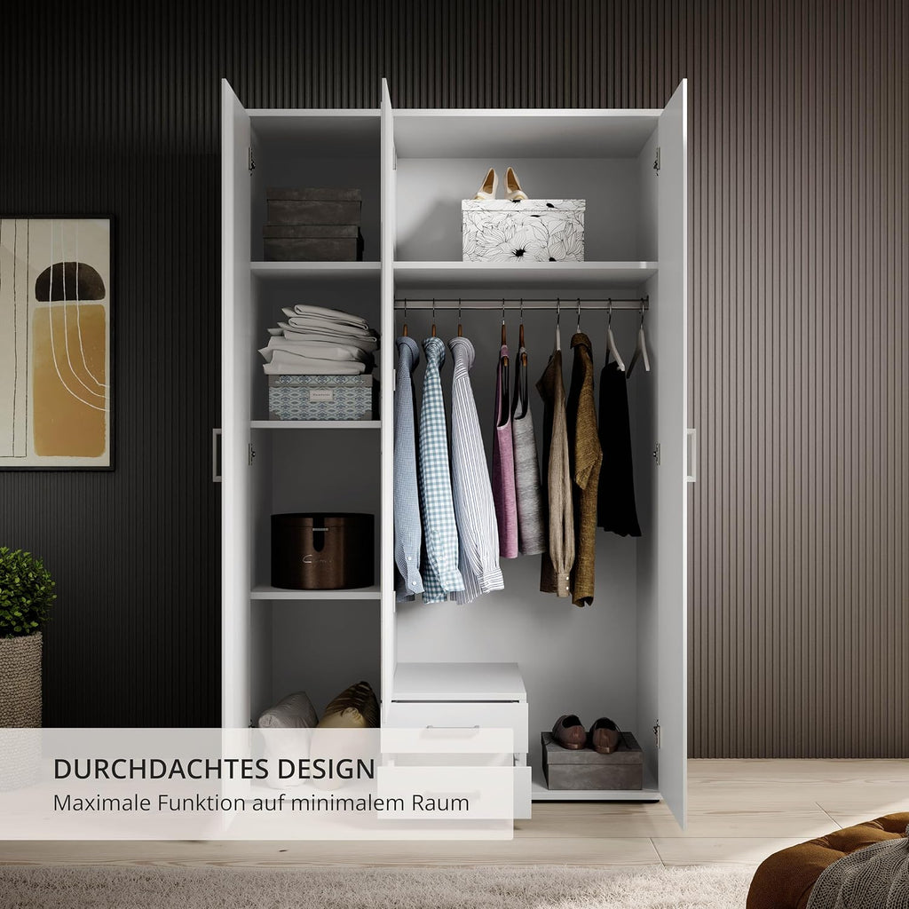 Stella Trading KARL Armario elegante de 3 puertas con gran espacio de almacenamiento - Armario versátil de puertas batientes en color blanco con puerta de espejo - 120 x 195 x 55 cm (ancho/alto/fondo)