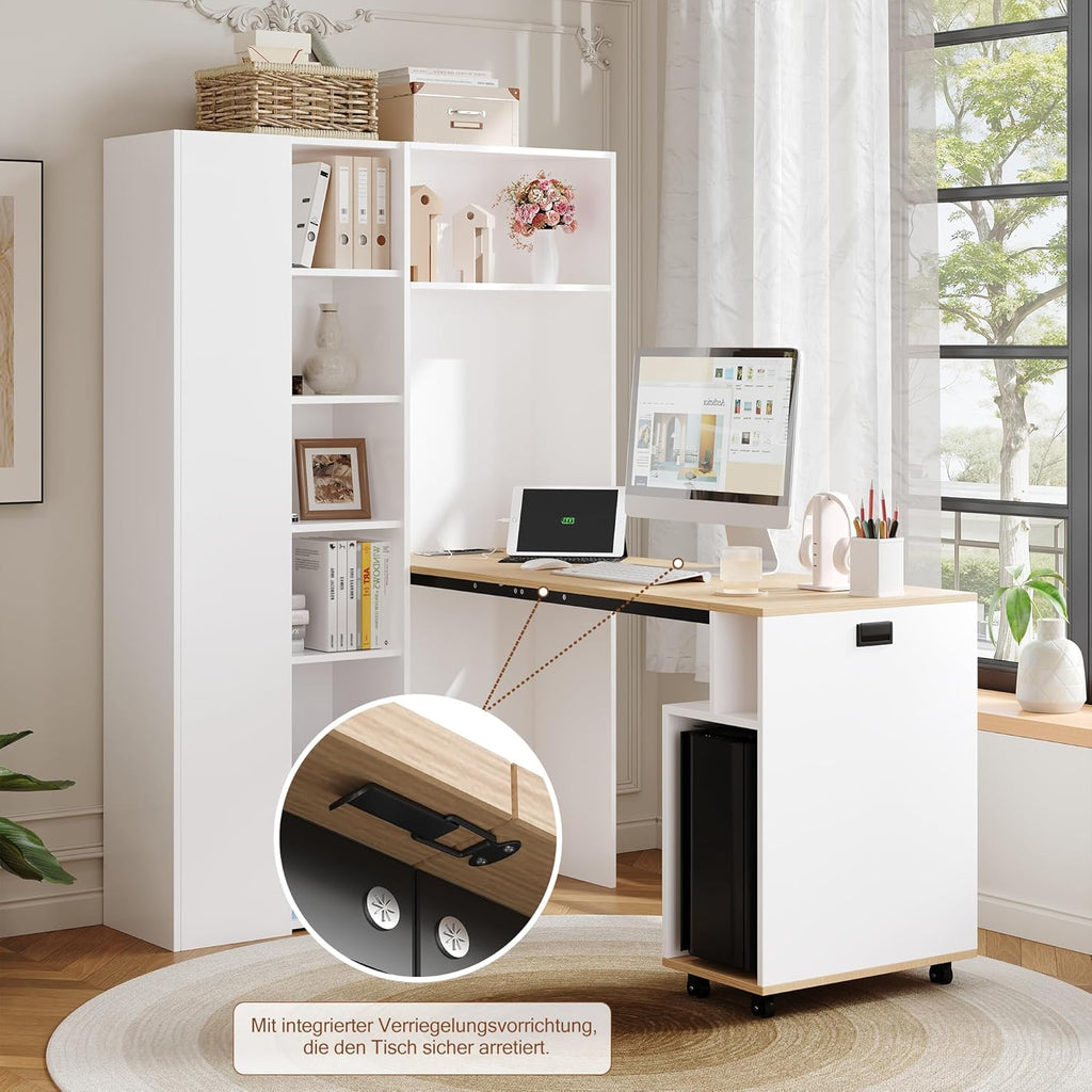 Merax klappbarer 2-in-1 Schreibtisch mit Ablagen, Steckdose & USB, Kippschutz, Eck-Schreibtisch Links – Homeoffice, Studentenwohnung, platzsparend, funktional, Regal & Arbeitsplatz, Weiß