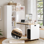 Merax klappbarer 2-in-1 Schreibtisch mit Ablagen, Steckdose & USB, Kippschutz, Eck-Schreibtisch Links – Homeoffice, Studentenwohnung, platzsparend, funktional, Regal & Arbeitsplatz, Weiß