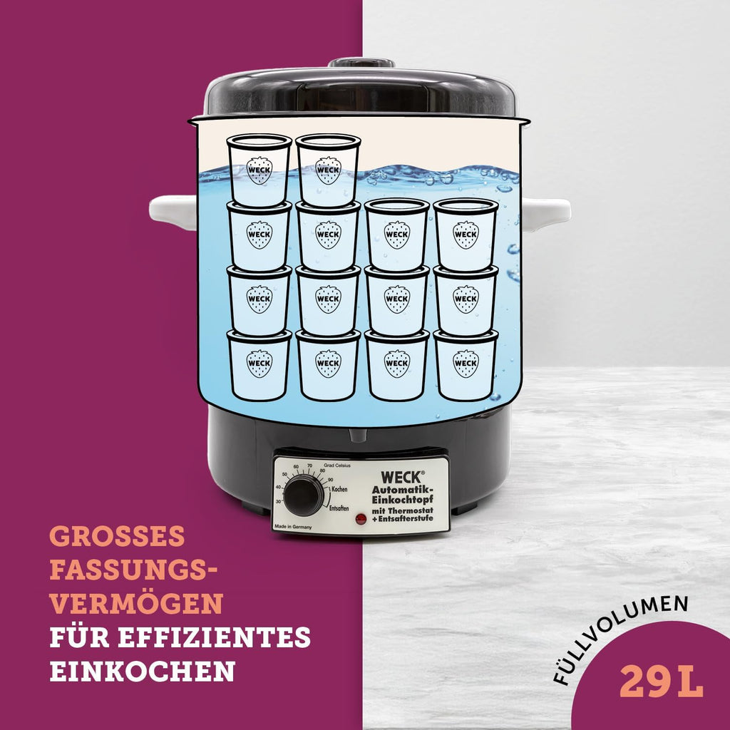 Esterilizador automático WECK WAT14-A de esmalte con termostato de precisión y grifo – Olla conservadora de 29 L, hervidor de vino caliente, extractor de jugo al vapor, máquina para conservas – Fabricado en Alemania, de alta calidad y versátil