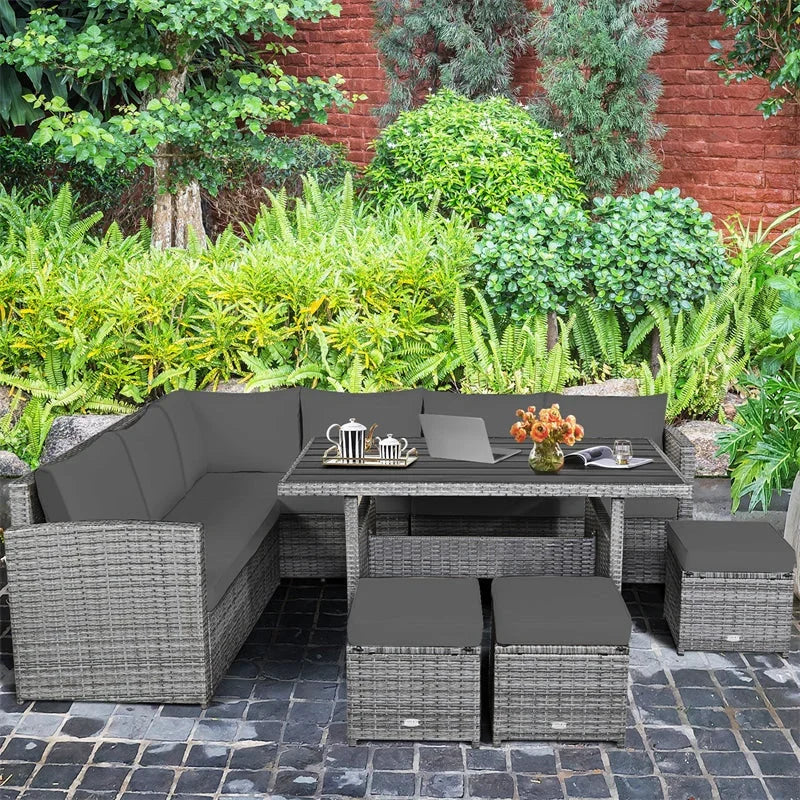 Conjunto de muebles de comedor para patio de 7 piezas de ratán con sofá seccional, mesa de comedor, otomanas y cojines
