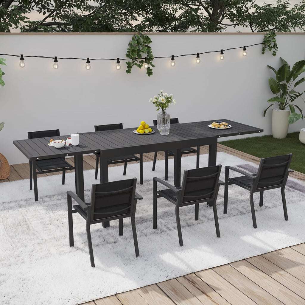 Devoko Gartenmöbel Set 6 Personen,6+1 Aluminium Tisch und Stühle Set Balkonmöbel, 6 Stapelbare Gartenstühle und 1 130/260 cm Dehnbarer Gartentisch,Terassen möbelsets außen Lounge, Dunkelgrau