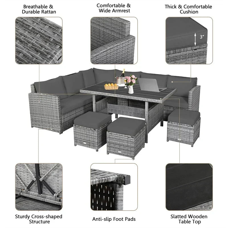 Conjunto de muebles de comedor para patio de 7 piezas de ratán con sofá seccional, mesa de comedor, otomanas y cojines