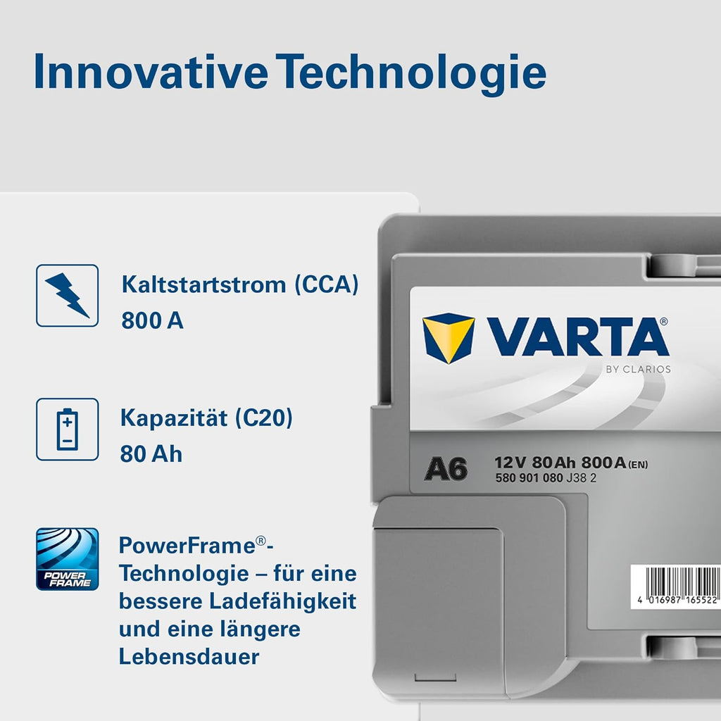 Batería VARTA Silver Dynamic AGM A6 – Batería de coche Start-Stop y xEV 12V 80Ah 800A – Batería de arranque para coches con alta demanda de energía