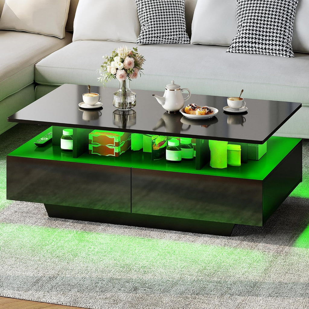 YITAHOME Couchtisch Schwarz, Wohnzimmertisch Hochglanz mit 16-Farbiger LED Beleuchtung Modern, Beistelltisch Schwarz mit Offenem Ausstellungsregal und 4 Ausziehbaren Schubladen 90x55x41,1 cm