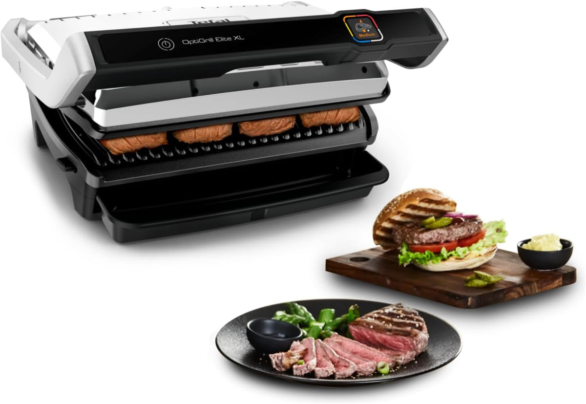 Tefal OptiGrill Elite XL Grill de contacto, 16 programas, pantalla digital con indicador de nivel de cocción, placas XL extraíbles, función Grill Boost, uso intuitivo, parrilla eléctrica, acero inoxidable, GC760D12