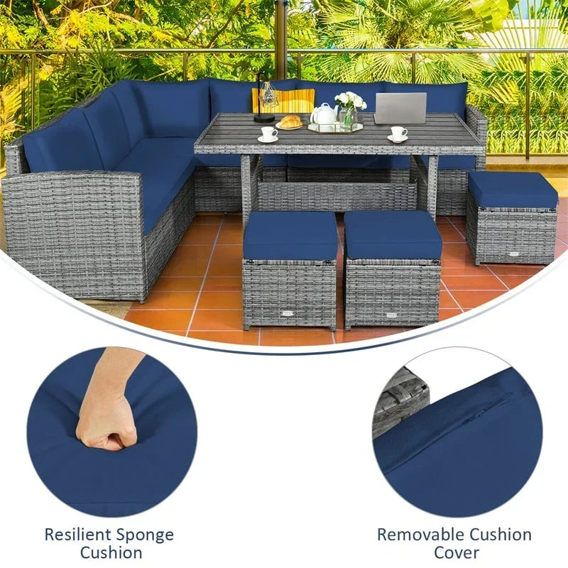 Conjunto de muebles de comedor para patio de 7 piezas de ratán con sofá seccional, mesa de comedor, otomanas y cojines