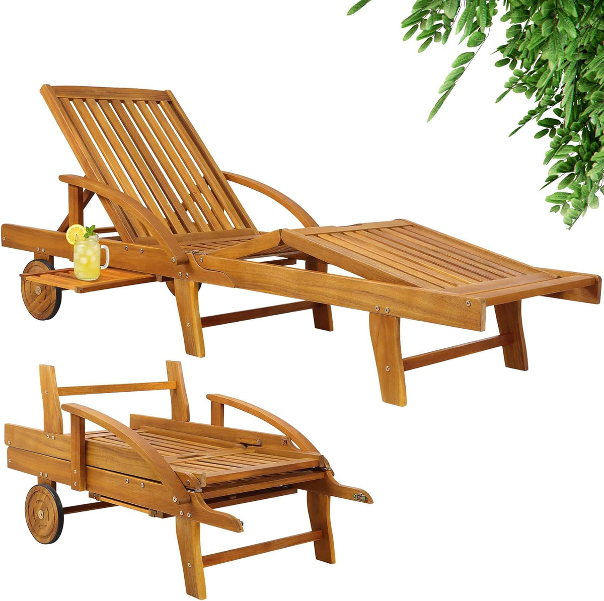 Casaria® Sonnenliege Klappbar Wetterfest Holz Gartenliege 160kg Belastbar mit 2 Räder Ablage Tisch Liegestuhl Verstellbare Rücken- Fußlehne Garten 196cm