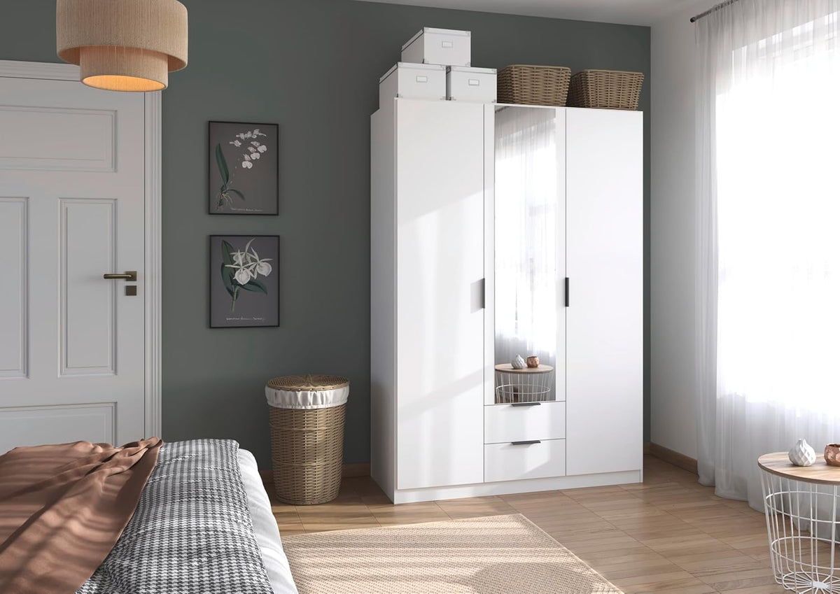 Rauch Möbel Lagoa, Kleiderschrank, Garderobe für Schlafzimmer, Kinderzimmer, Jugendzimmer 3-türig mit Spiegel, 2 Schubladen, mit Zubehör Basic, Farbe Weiß, Breite 136 cm