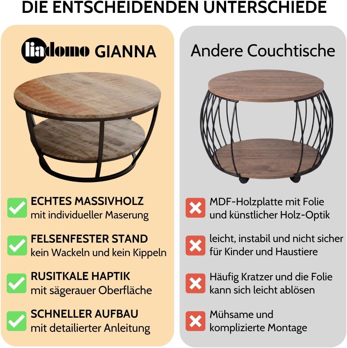 Couchtisch Gianna, rund 86cm, Wohnzimmertisch, Beistelltisch, Tischplatte aus Mangoholz, Metallgestell in Schwarz pulverbeschichtet, mit zusätzlicher Ablage, robust, pflegeleicht