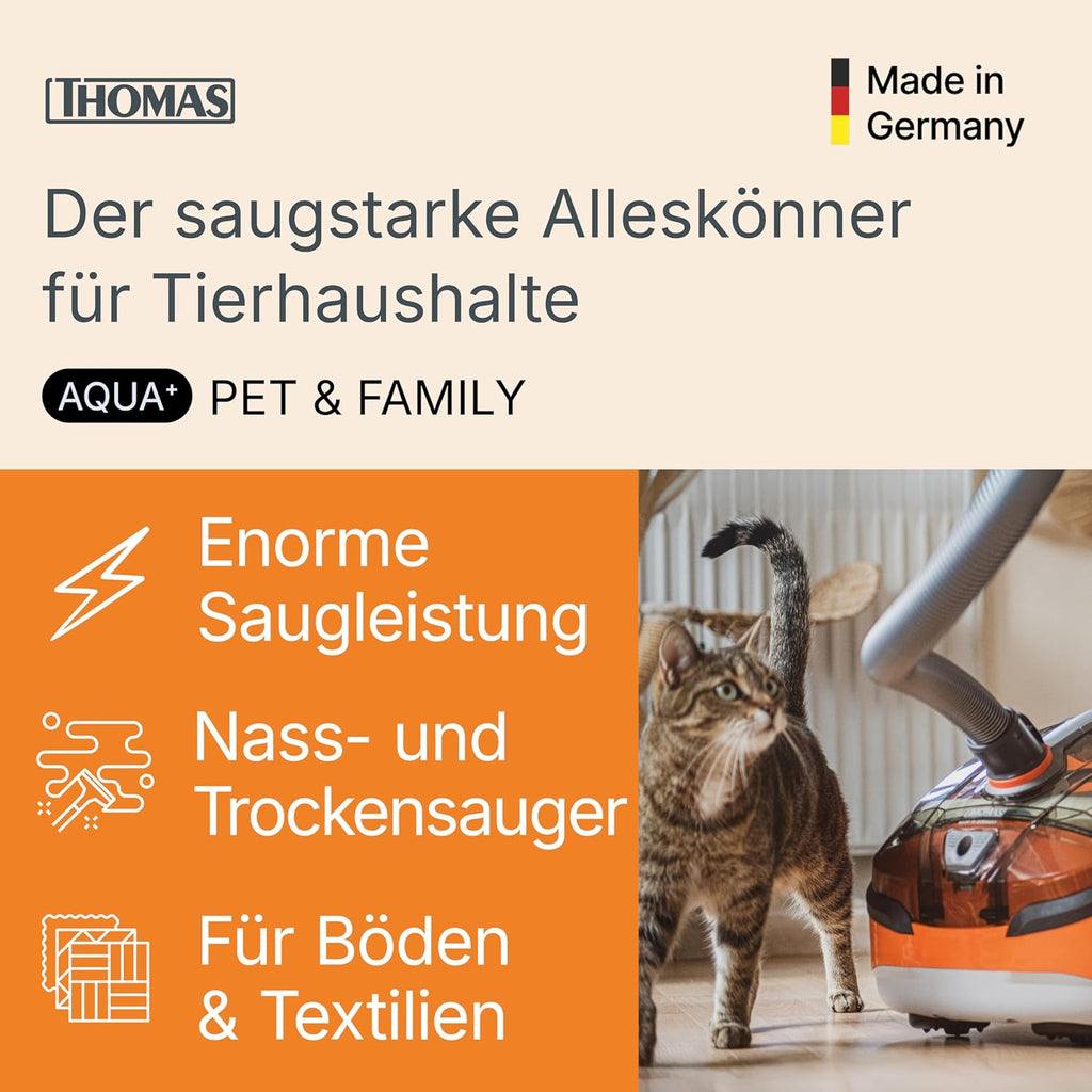 THOMAS Aqua+ PET & Family – Aspiradora potente de 1700 W para pelo de mascota – Aspiradora en seco y húmedo – Limpiadora de tapicería y aspiradora con función de fregado para alfombras, sofás, tapicerías y colchones