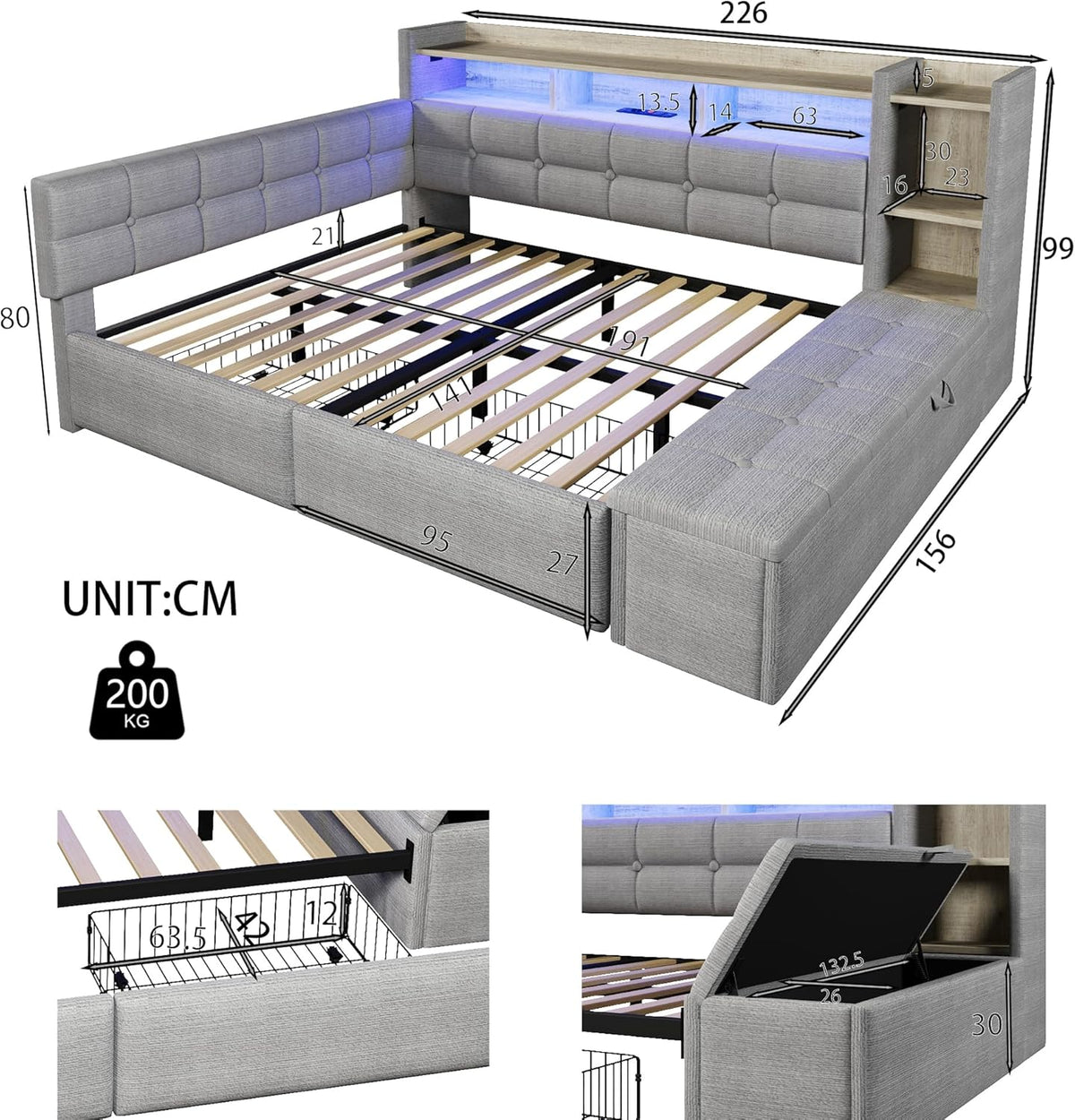 Sofá cama, 140 × 190 cm, con dos cajones, puertos USB y tipo C, compartimento de almacenamiento, banco de almacenamiento en el piecero, tira de luz LED, sin colchón, terciopelo, gris