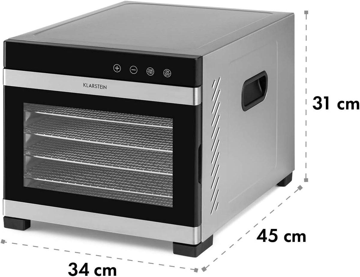 Klarstein Flavour Dry Dörrautomat Mit Edelstahl-Gehäuse, 6 Ablagegitter, LCD-Touch-Display, Timer, 360° Airflow Circulation, Digitaler Thermostat, 35-75 C°