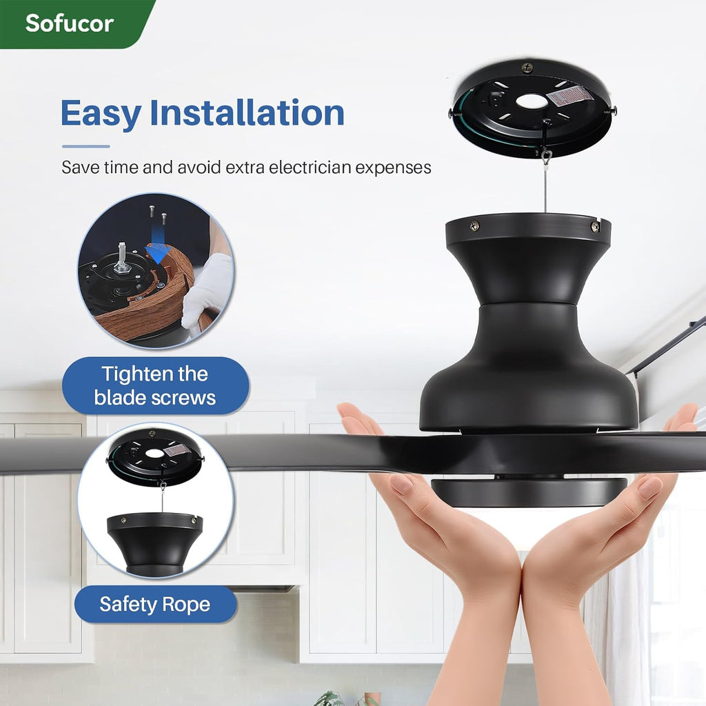 Ventilador de techo inteligente Sofucor con iluminación, ventilador de techo de 132 cm con luz, Alexa/APP, control remoto, 3 temperaturas de color, temporizador, 6 velocidades, motor CC silencioso para dormitorio y salón