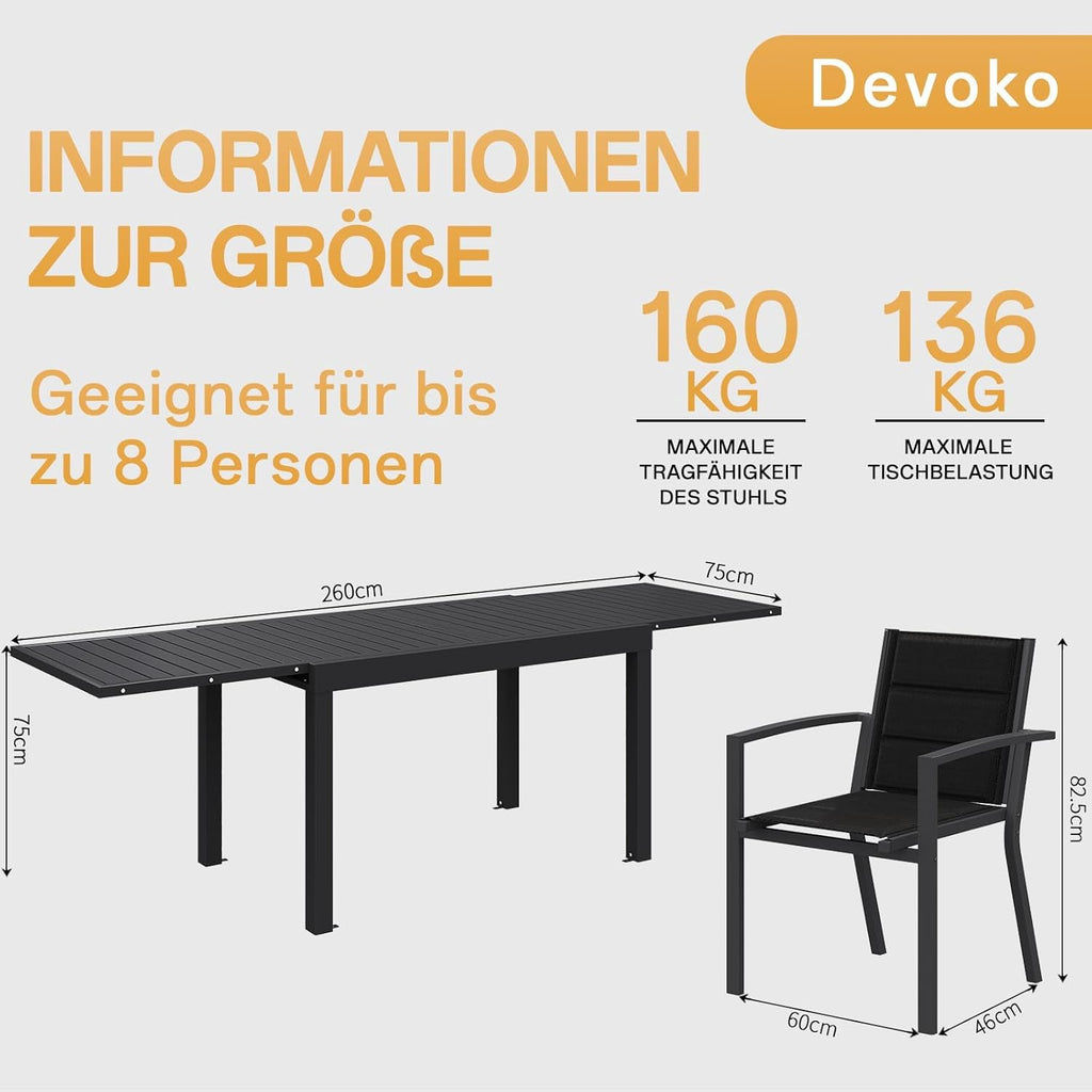 Devoko Gartenmöbel Set 6 Personen,6+1 Aluminium Tisch und Stühle Set Balkonmöbel, 6 Stapelbare Gartenstühle und 1 130/260 cm Dehnbarer Gartentisch,Terassen möbelsets außen Lounge, Dunkelgrau