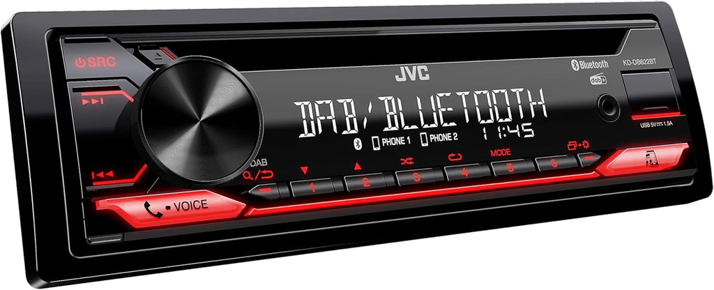 Autorradio CD JVC KD-DB622BT con DAB+, manos libres Bluetooth (procesador de sonido, USB, entrada auxiliar, control de Spotify, 4 x 50 vatios, iluminación de botones en rojo, sin antena)