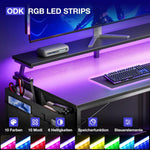Escritorio en esquina ODK con 4 cajones de tela, escritorio en forma de L reversible de 140x80 cm con 2 enchufes y 2 puertos de carga USB, escritorio gaming en forma de L con LED y soporte para monitor para oficina en casa, negro