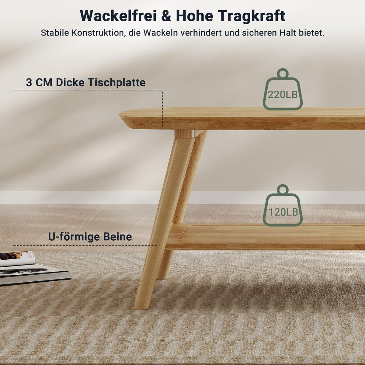 ZKIODV Mesa de centro de madera con 2 estantes, mesa de salón ovalada de madera maciza, mesa de madera con espacio de almacenamiento para sala de estar, mesa de sofá mesa auxiliar de 100x60x45 cm, acabado al aceite natural, mesa de centro de madera maciza