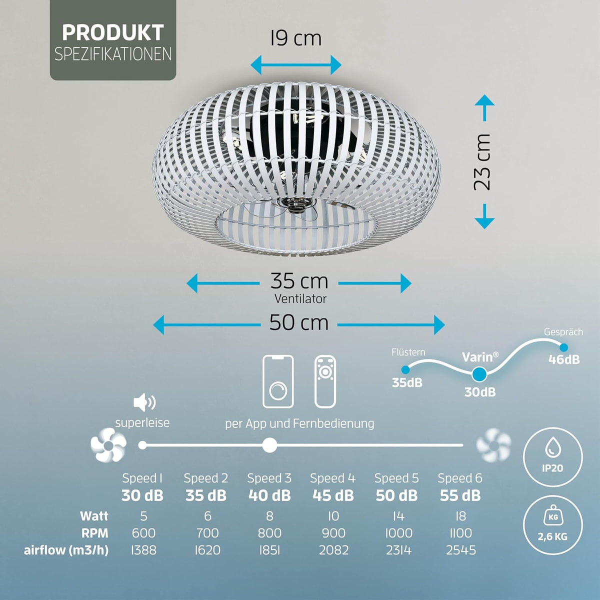 Ventilador de techo inteligente Varin® con luz, Wi-Fi Tuya, Ø 50 cm, lámpara de techo con ventilador, ventilador con luz de techo con 4 casquillos E27 (sin bombillas), mando a distancia, bambú blanco