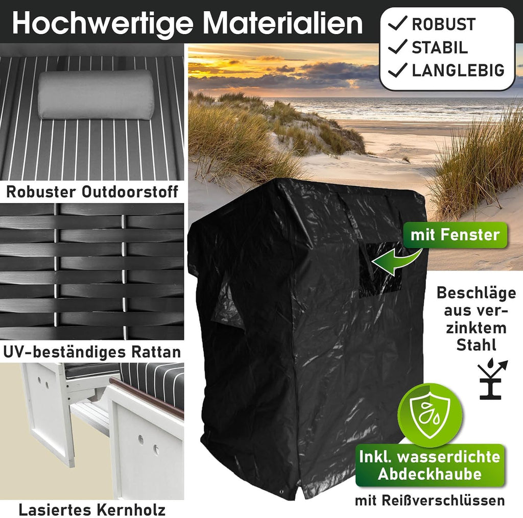 BRAST® Cesta de playa Usedom XXL de 3 plazas para 2-3 personas | 165 cm de ancho | 5 diseños | incluye funda impermeable | respaldo ajustable, cojines para los pies | antracita/gris - a rayas