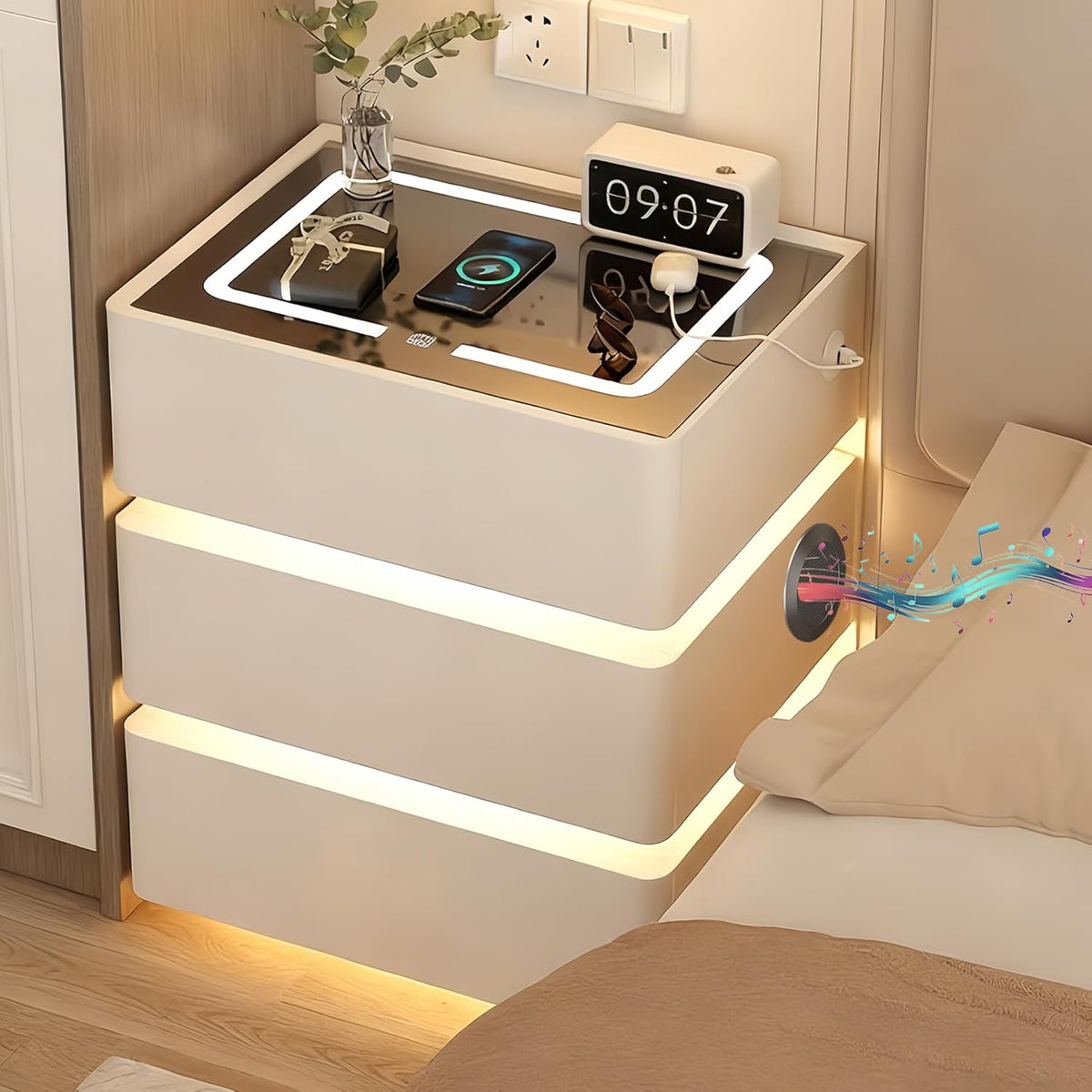 Mesita de noche LED con función de carga, 3 cajones, mesa auxiliar con altavoz Bluetooth, luz con sensor, luz de 3 colores, mesita de noche blanca con 2 USB y 1 tipo C, mesa de sofá para sala de estar, dormitorio