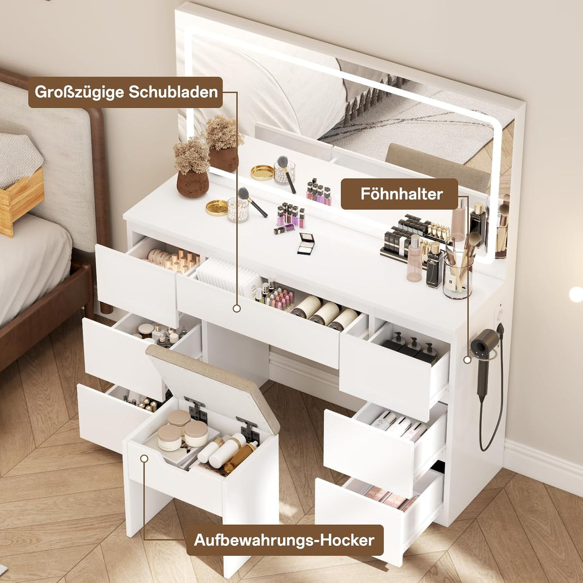 TRIUMPHKEY Schminktisch Groß mit Spiegel und LED Beleuchtung 115cm,Farbtemperatur Einstellbar, 7 Schubladen Schminktisch mit Steckdose Dressing Table mit Hocker,115x40x139cm,Weiß