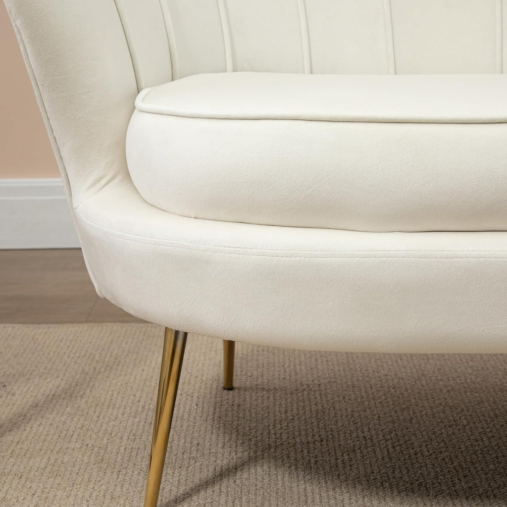 HOMCOM Sofa 2 Sitzer Couch mit Armlehne blütenblattförmiger Rückenlehne Dick Gepolstert Polstersofa Modern Doppelsofa mit Samtoptik, Metallbeine für Wohnzimmer, 130 x 77 x 77 cm, Cremeweiß
