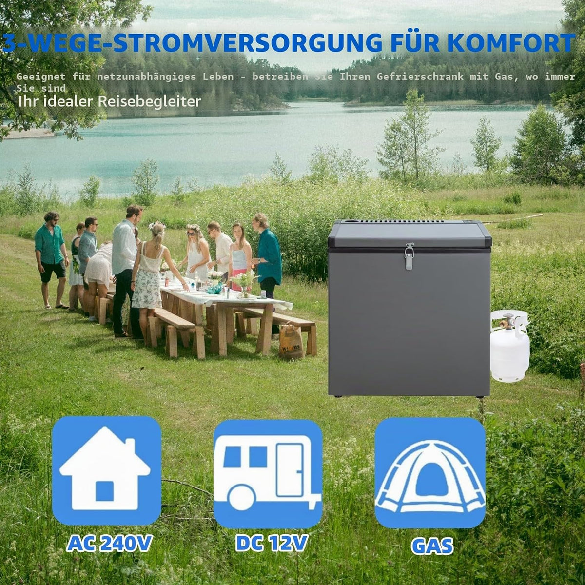 Congelador a gas Smad, 70 l, alimentación triple, 12 V/230 V/GLP, para camping, congelador de gas, silencioso, para garaje, vehículos móviles, viajes, negro