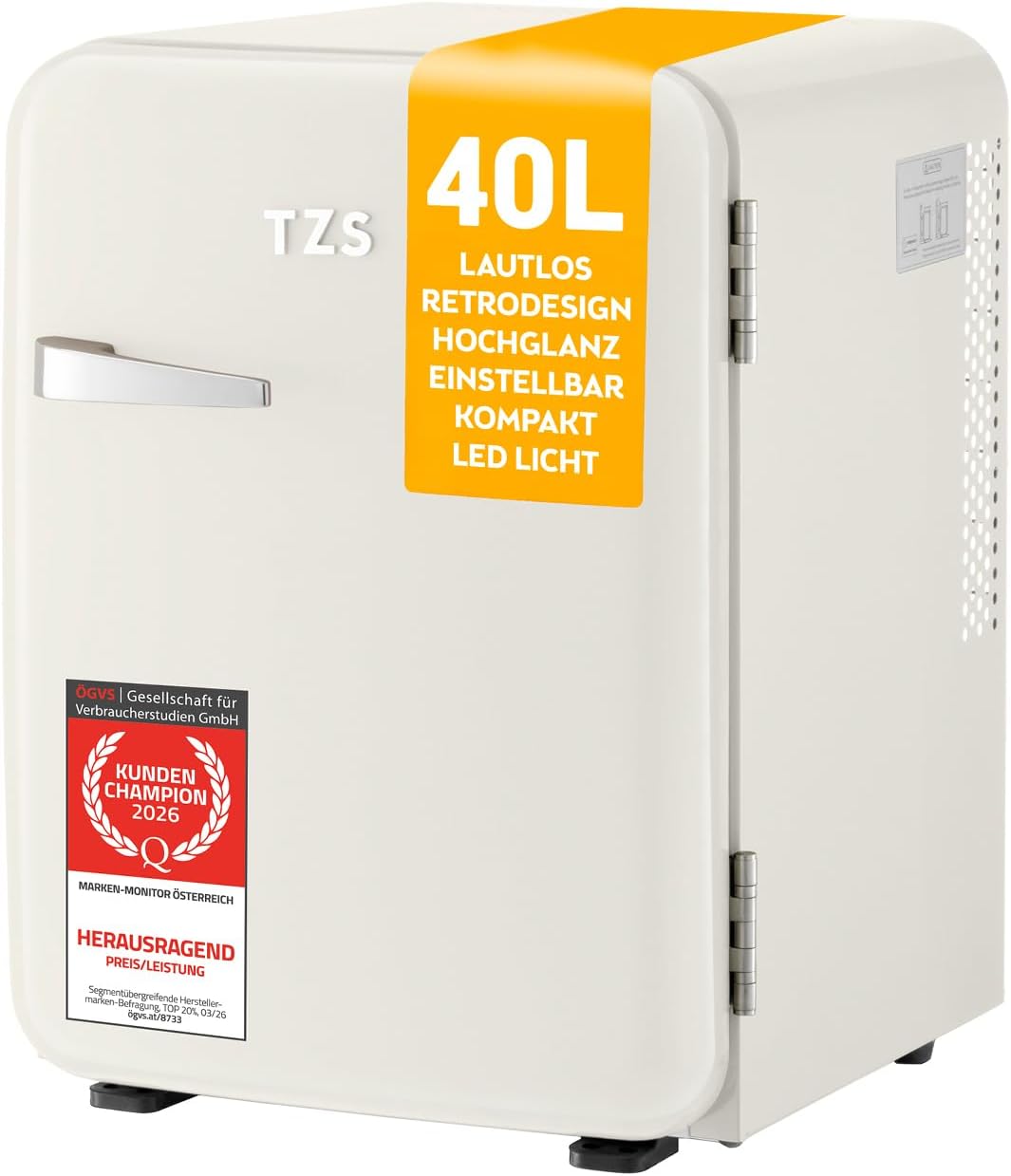 TZS First Austria - Mini refrigerador retro 40L - Silencioso - Minibar vintage para dormitorio y oficina - color crema