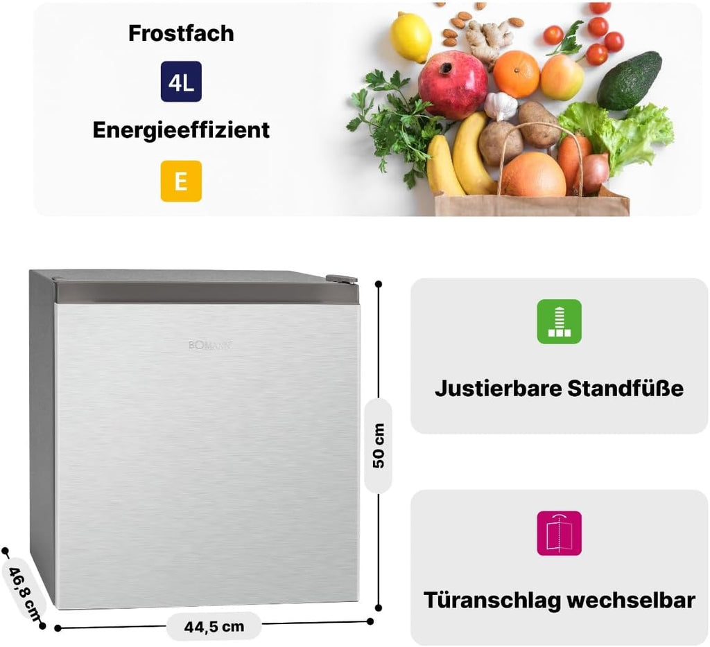 Mininevera Bomann de 45L con compartimento congelador, nevera pequeña y silenciosa para cocina, oficina, camping y gaming, frigorífico pequeño con puerta reversible - Mininevera, enfriador de bebidas, minibar KB 7245 inox
