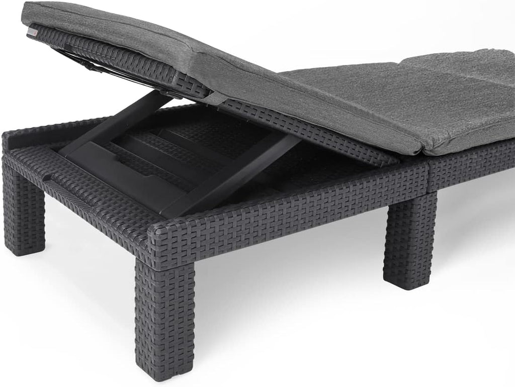 Tumbona Daytona Deluxe de Allibert by Keter para jardín, terraza y balcón con respaldo ajustable, gris, incluye cojín, tumbona de jardín de plástico, aspecto de ratán plano, 195x65x25,5 cm