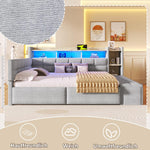 Sofá cama, 140 × 190 cm, con dos cajones, puertos USB y tipo C, compartimento de almacenamiento, banco de almacenamiento en el piecero, tira de luz LED, sin colchón, terciopelo, gris