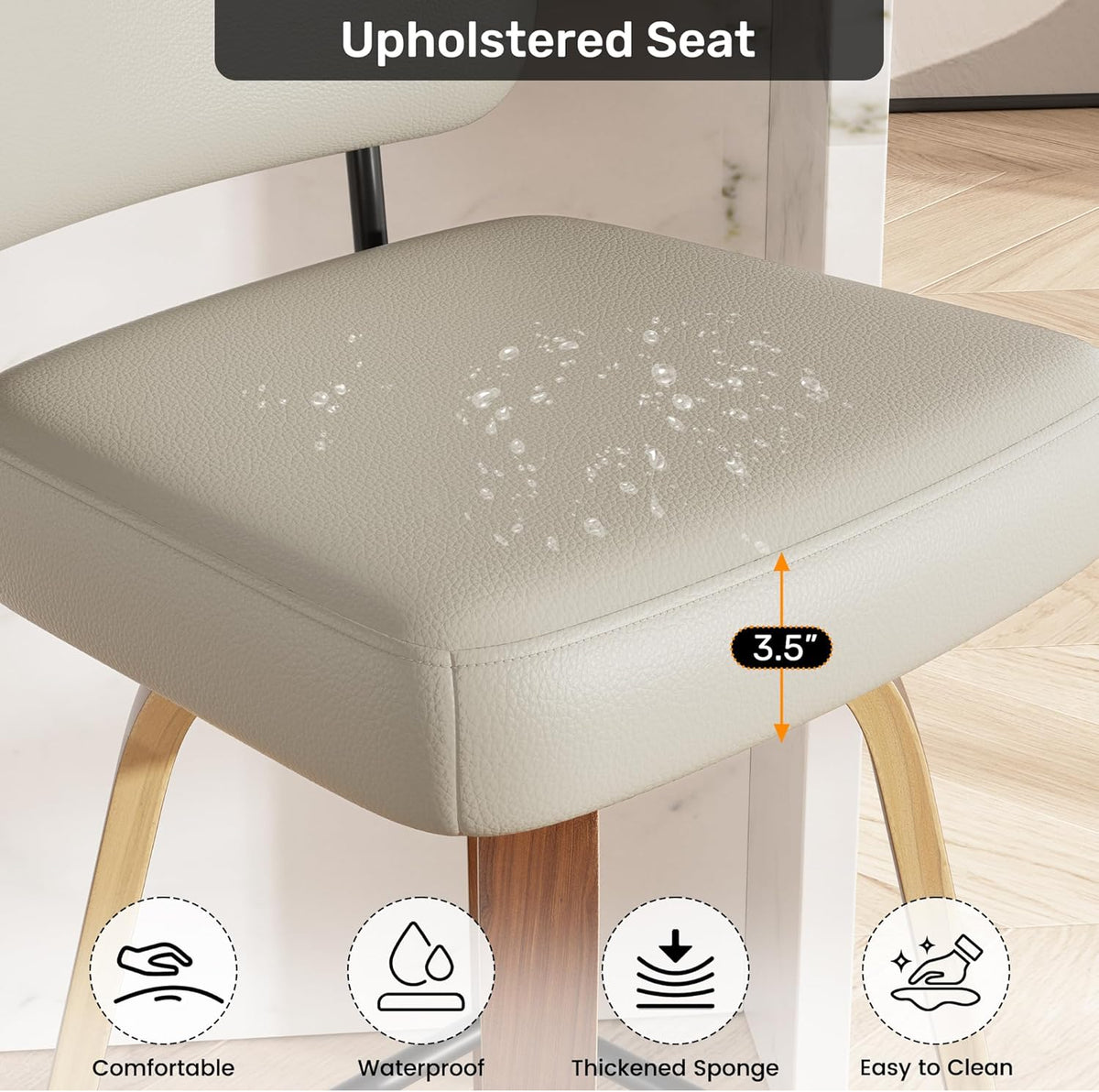 Juego de 2 taburetes de bar giratorios con respaldo, altura de asiento de 65 cm, piel sintética y madera maciza, diseño de mediados de siglo con 4 patas y reposapiés, sillas de bar para cocina y bar en gris beige