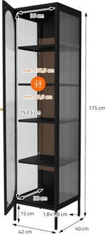 Vitrina ML-Design 42x175x40 cm, negra, vitrina estrecha con 5 estantes y 1 puerta, armario de metal y acero para salón, estilo industrial, armario alto, estantería para libros, archivador, armario de oficina