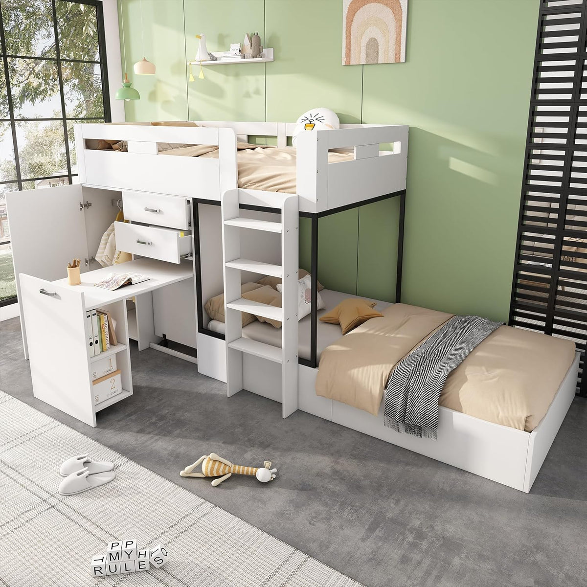 Cama tipo loft Ymkua para niños de 90x200 cm con almacenamiento, cama doble con somier, cama alta con escritorio y armario, cama juvenil con cajones, estantes y escalera, blanco, sin colchón