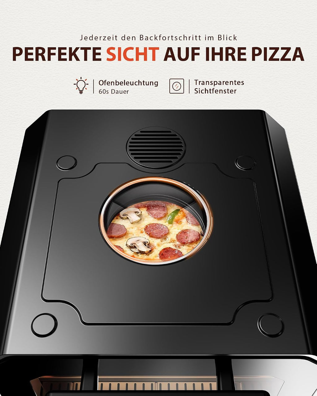 Horno para pizza eléctrico 450°C – Pizza napolitana en 90 segundos, ventana de visualización e iluminación interior, 6 programas y 6 modos de cocción, modo de chef profesional, pala para pizza, piedra para pizza y bandeja de horno, plateado