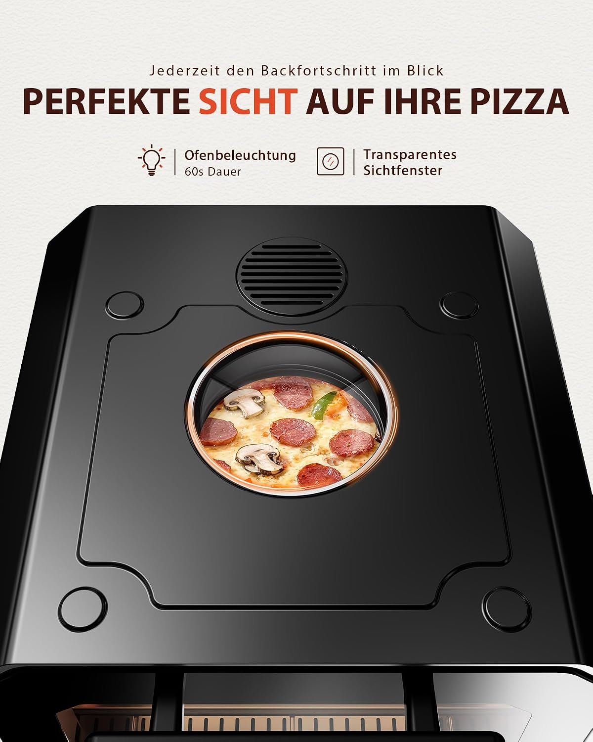 Horno para pizza eléctrico 450°C – Pizza napolitana en 90 segundos, ventana de visualización e iluminación interior, 6 programas y 6 modos de cocción, modo de chef profesional, pala para pizza, piedra para pizza y bandeja de horno, plateado