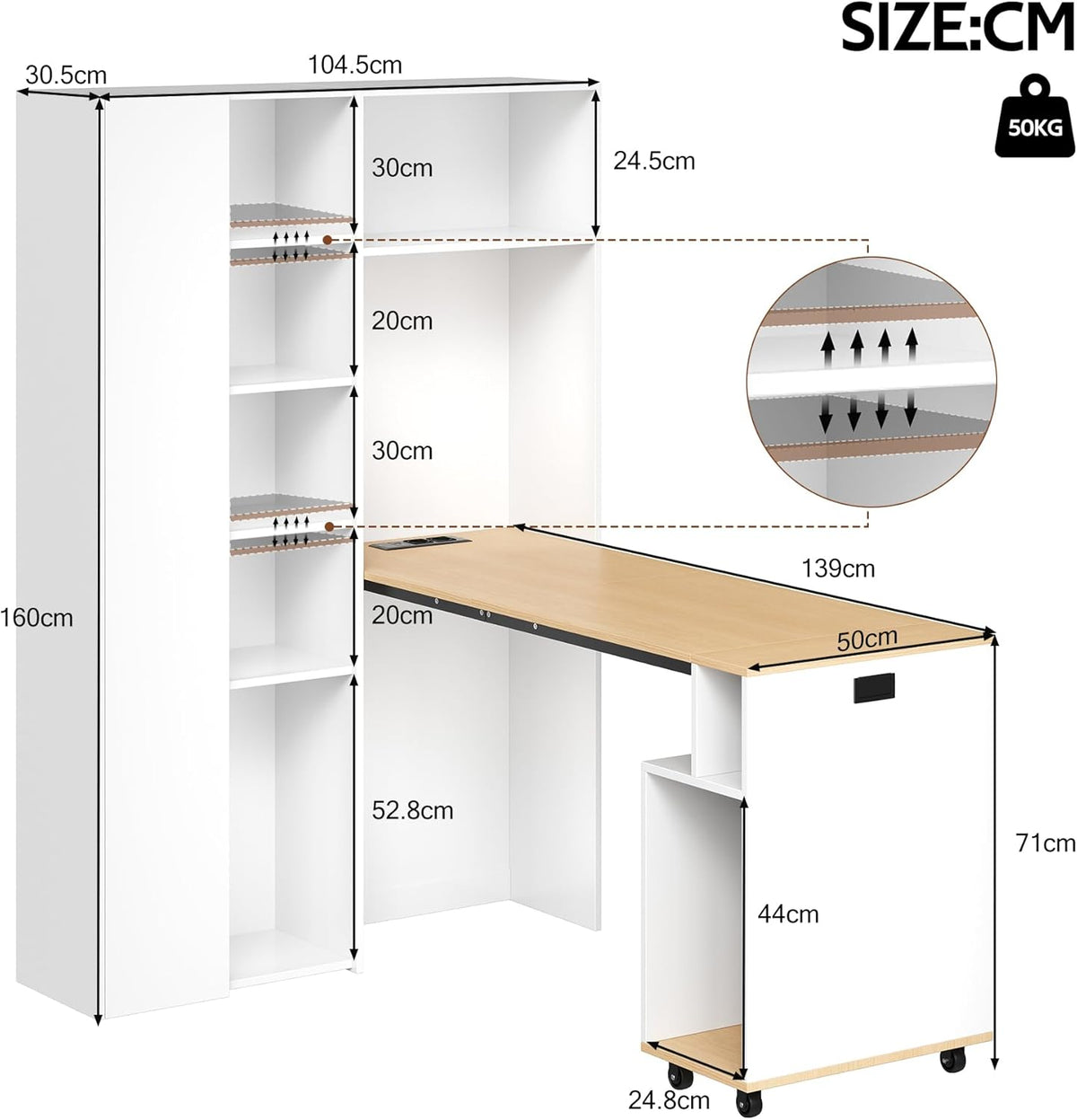 Merax klappbarer 2-in-1 Schreibtisch mit Ablagen, Steckdose & USB, Kippschutz, Eck-Schreibtisch Links – Homeoffice, Studentenwohnung, platzsparend, funktional, Regal & Arbeitsplatz, Weiß