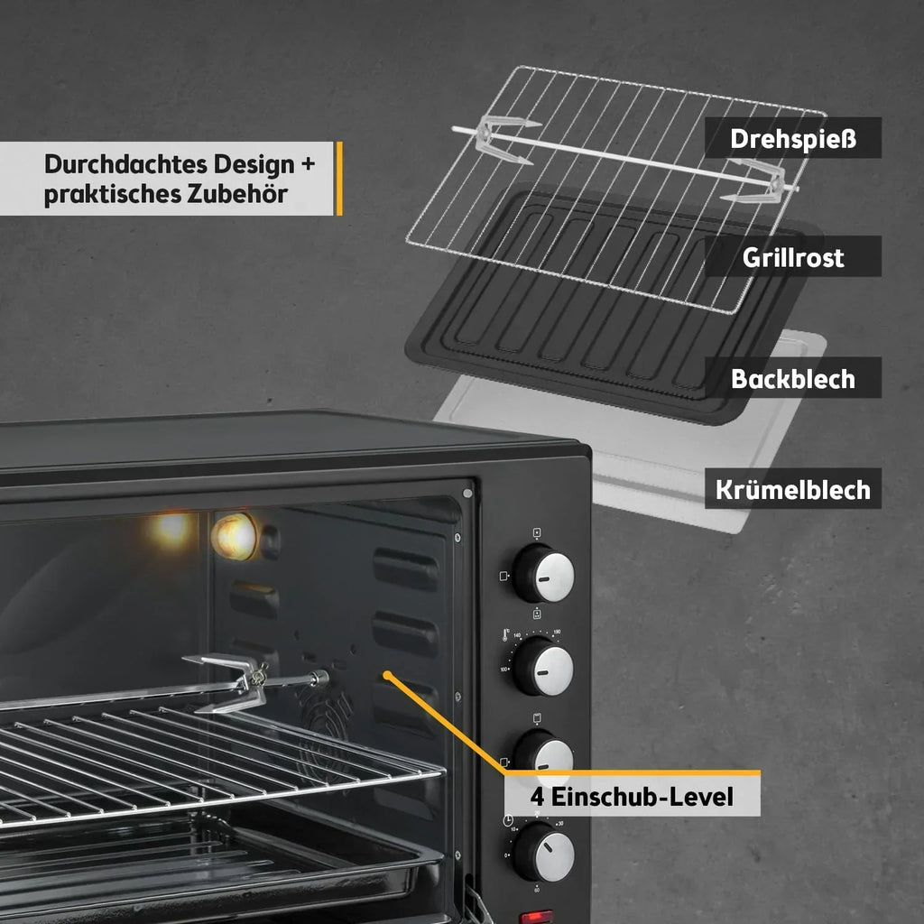 Minihorno TZS First Austria 60 L 2000 W, horno para pizza, 230 °C, 6 modos, temporizador de 60 min, 4 alturas de inserción, bandeja de horno, rejilla, asador giratorio, A++