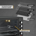 Minihorno TZS First Austria 60 L 2000 W, horno para pizza, 230 °C, 6 modos, temporizador de 60 min, 4 alturas de inserción, bandeja de horno, rejilla, asador giratorio, A++