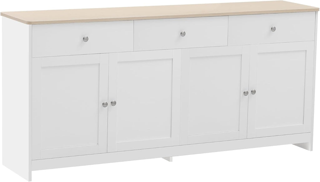 Aparador Ymkua, buffet, cómoda para salón y comedor, armario de almacenamiento con 4 puertas y 3 cajones, mueble de salón moderno, 160x37x75 cm, madera y blanco
