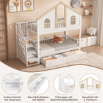 Cama alta Merax 90x200cm, litera infantil para 2 niños, cama casita con escalera, almacenaje y cajones, cama tipo casa del árbol con ventana y techo, protección anticaídas y somier, pino+MDF, sin colchón, blanca