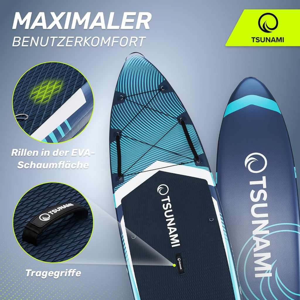Tabla de Stand Up Paddle TSUNAMI PRO, tabla SUP con accesorios completos, bomba y correa de seguridad, capacidad de carga de hasta 160 kg, longitud 350 cm, material doble y refuerzos internos adicionales
