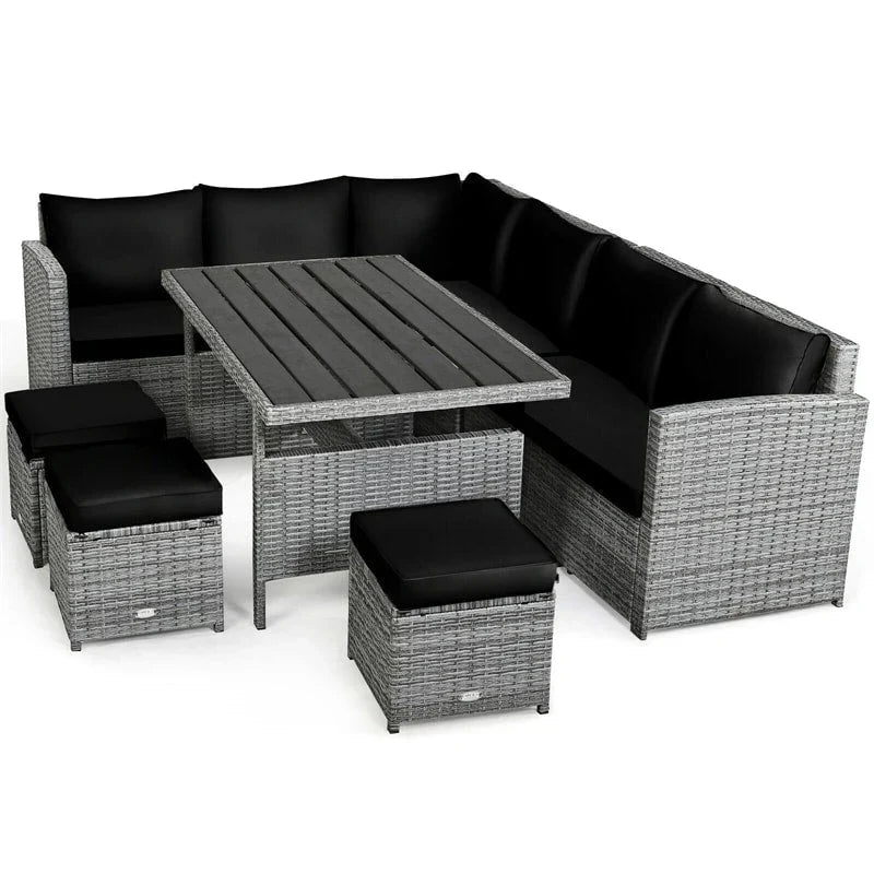 Conjunto de muebles de comedor para patio de 7 piezas de ratán con sofá seccional, mesa de comedor, otomanas y cojines