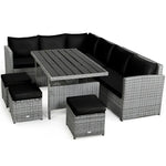 Conjunto de muebles de comedor para patio de 7 piezas de ratán con sofá seccional, mesa de comedor, otomanas y cojines
