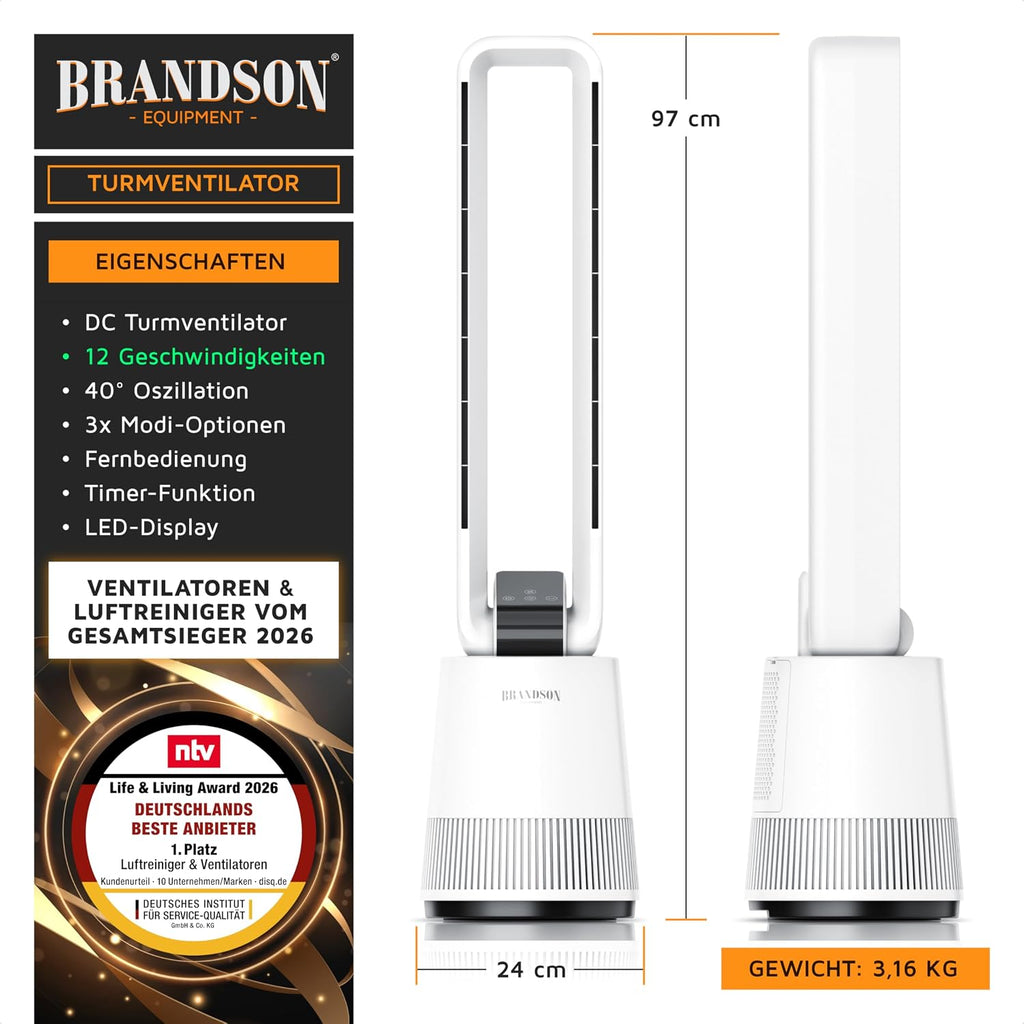 Brandson - Turmventilator DC ECO Line - DC Motor sehr leise - Sleep-Modus – mit Fernbedienung – 3 Modi – Oszillation – energieeffizient – für Schlafzimmer Büro Wohnzimmer Kinderzimmer
